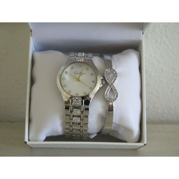 Jessica Simpson JSB8005SL Silver Crystal Infinity Hinged Bangle Watch Set $120 - Picture 2 of 8